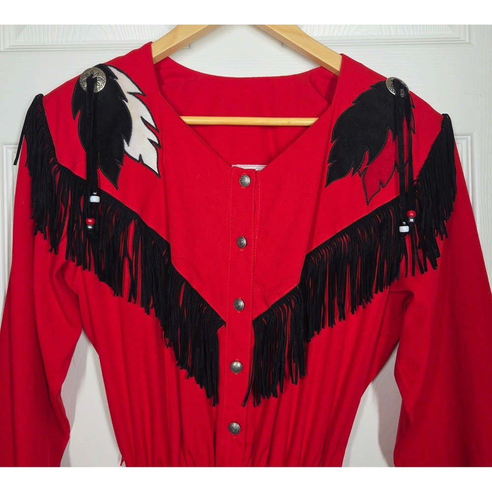 VTG Western Collection Red Rodeo Dress Fringe Concho Wolf M USA Circle Skirt - Picture 2 of 14